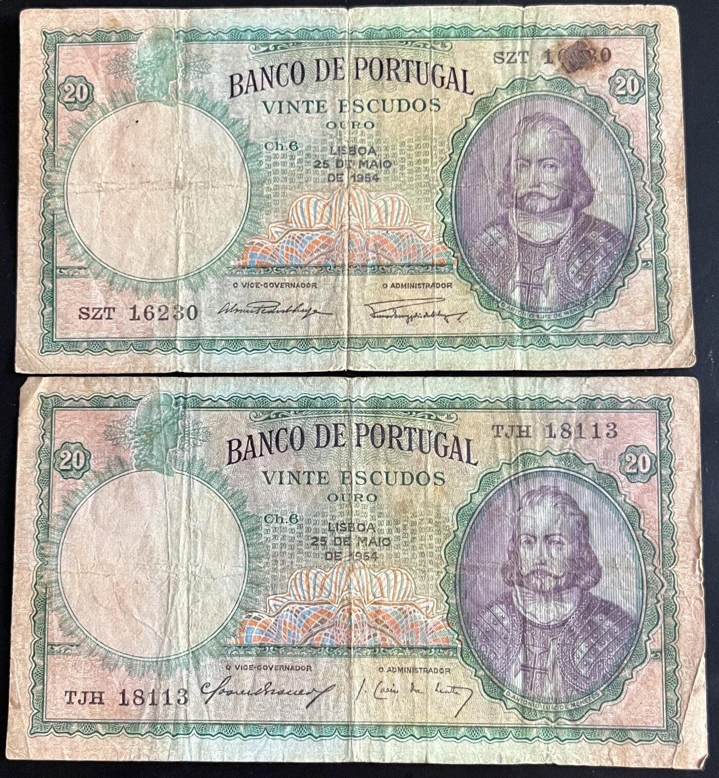 小福收藏拍卖第202期 流通品相裸钞 特惠场 本场全部为欧洲纸币【佣金仅收2% 不设最低佣金 全场包邮】 葡萄牙 1954年 20埃斯库多 1组2张