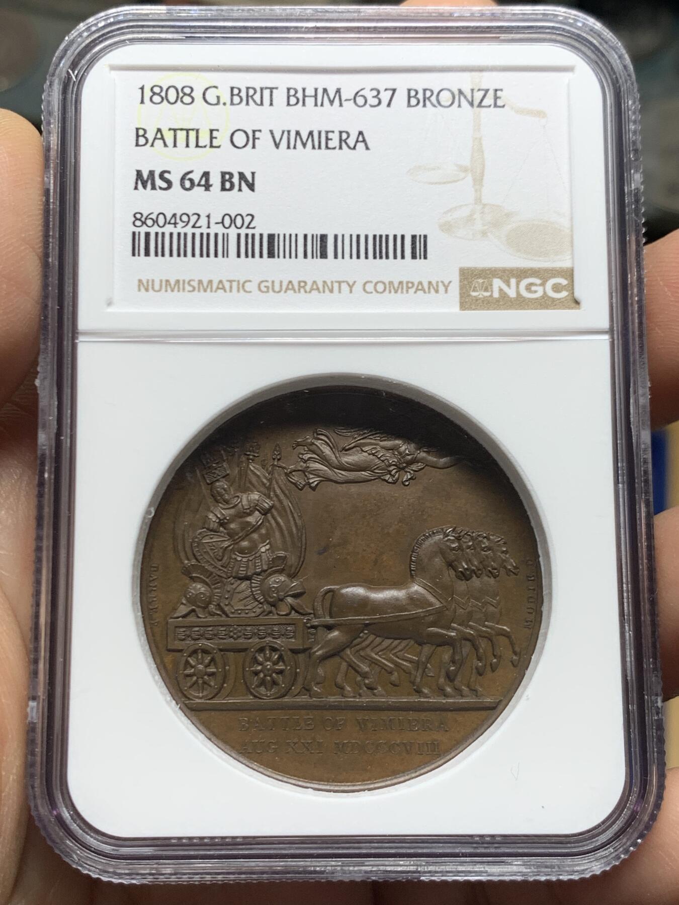 《竞宝斋》第467场 周日，周一 2场连拍 （全场包邮）欢迎送拍 NGC MS64BN 1808年英国纪念维米亚战役英军进入里斯本铜章 穆迪原盒系列 经典品种 稀少 超高分 加厚盒 双面高浮雕雕刻精美