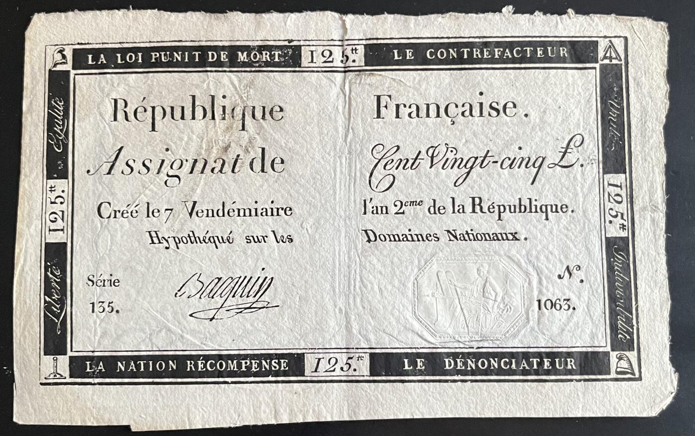 小福收藏拍卖第202期 流通品相裸钞 特惠场 本场全部为欧洲纸币【佣金仅收2% 不设最低佣金 全场包邮】 法国 1793年 125Livres