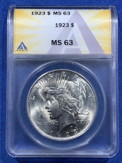 《竞宝斋》第467场 周日，周一 2场连拍 （全场包邮）欢迎送拍 - ANACS MS63 美国1923年和平银币 霜感很不错