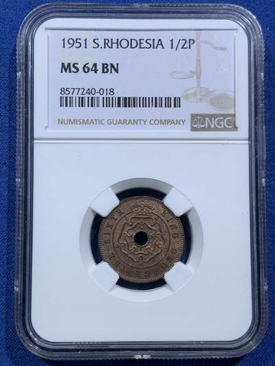 《竞宝斋》第467场 周日，周一 2场连拍 （全场包邮）欢迎送拍 - NGC MS64BN 南罗得西亚1951年乔治六世1/2便士
