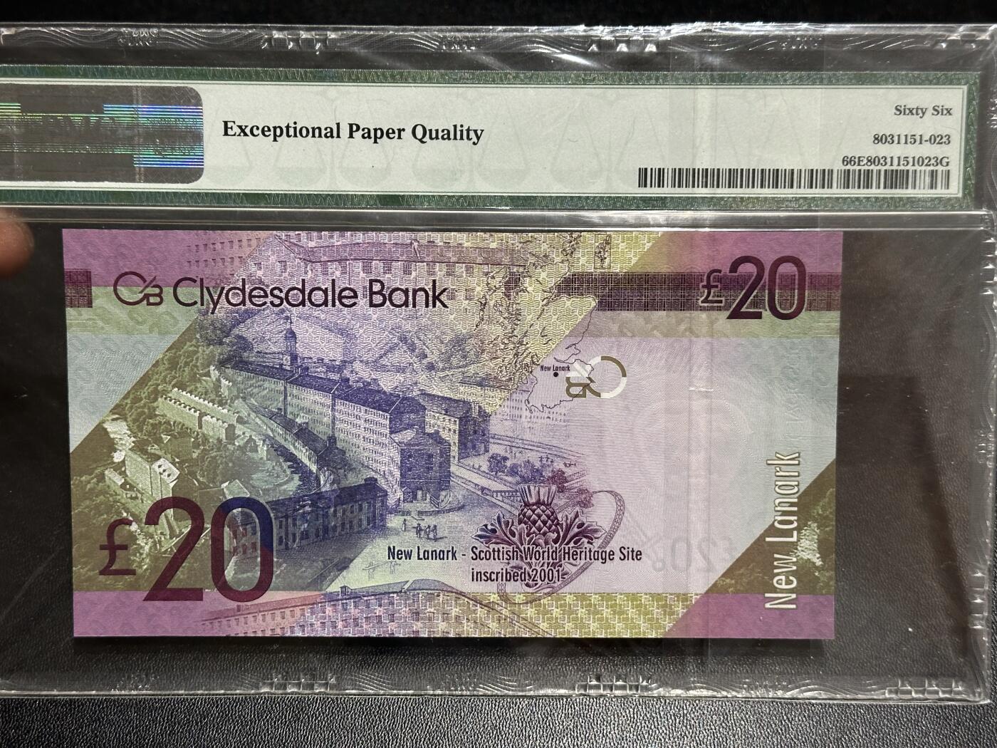 《外钞收藏家》第六百一十四期（精选场）（长期征集拍品、欢迎藏友们联系合作） 2015年苏格兰克莱斯戴尔银行20镑 PMG66