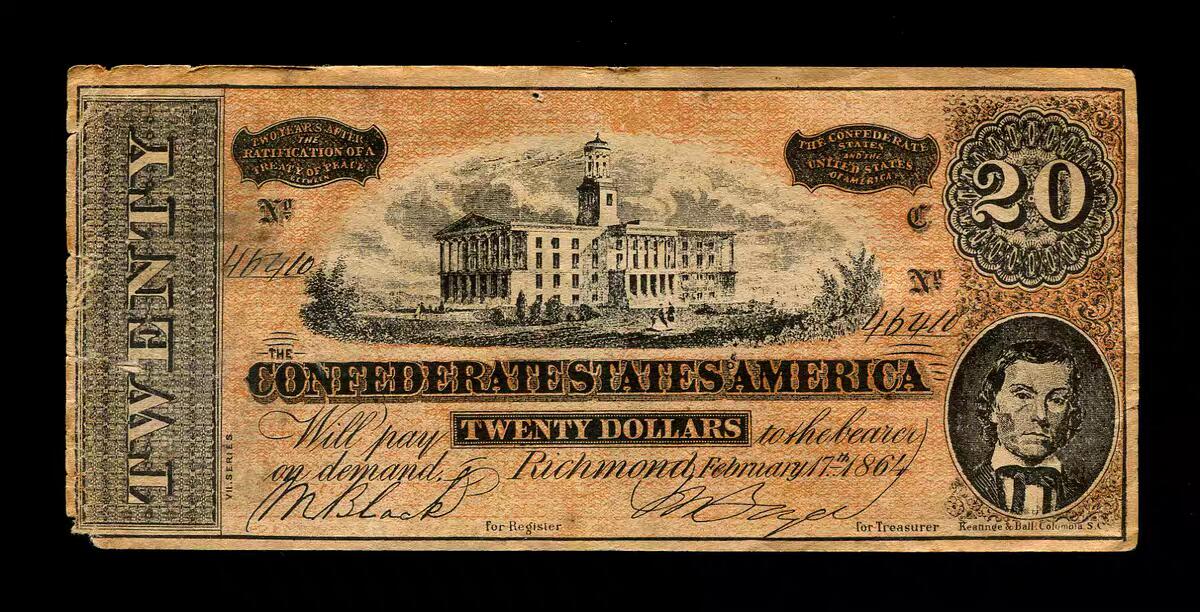 3月2号晚上8点 外国纸币自动截拍第33场 美国 邦联州 1864年20元 