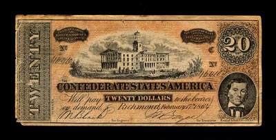 3月2号晚上8点 外国纸币自动截拍第33场 - 美国 邦联州 1864年20元 