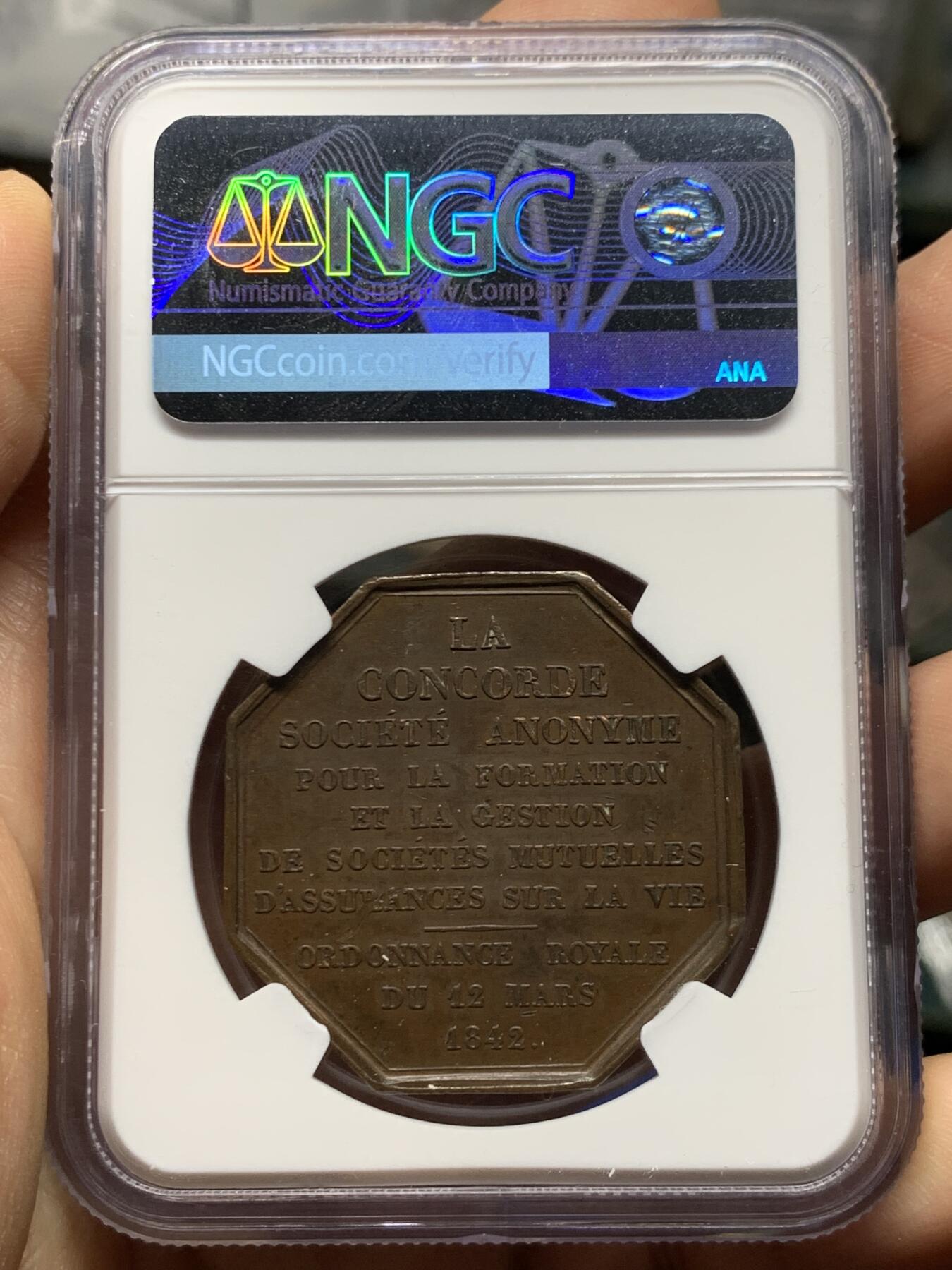 《竞宝斋》第467场 周日，周一 2场连拍 （全场包邮）欢迎送拍 NGC MS62BN 法国1842年杜多维尔保险奖章 八角型铜章 少见品 早期油灯边铭