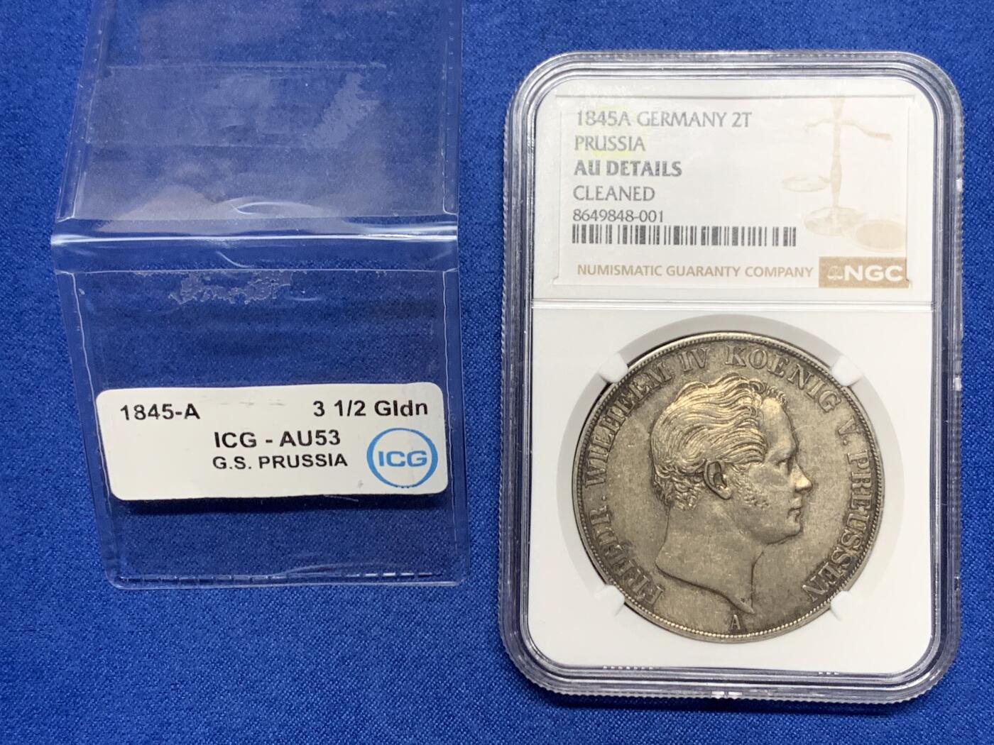 《竞宝斋》第467场 周日，周一 2场连拍 （全场包邮）欢迎送拍 NGC AUD 德国1845年威廉四世2泰勒，经典纸袋包浆，n严评了，原icg 53 .这枚的观感还是很不错的，比一些有分的要好。45年发行量比41年要少不少