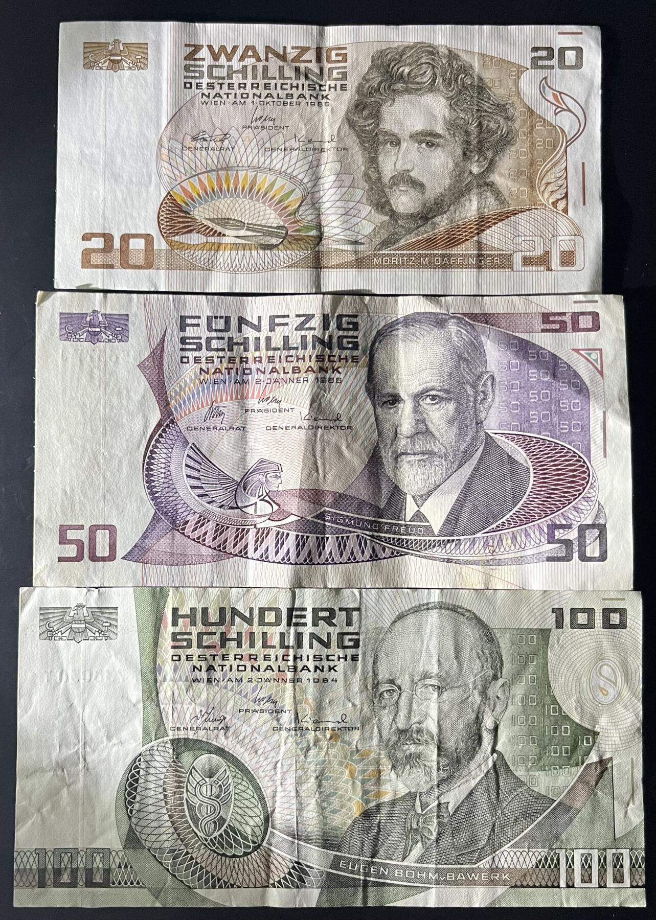 小福收藏拍卖第202期 流通品相裸钞 特惠场 本场全部为欧洲纸币【佣金仅收2% 不设最低佣金 全场包邮】 奥地利 20+50+100先令 1组3张