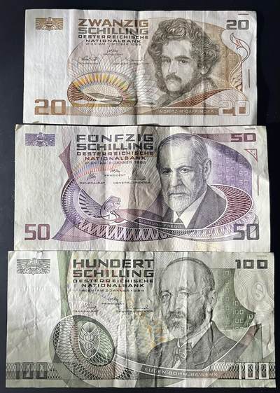 小福收藏拍卖第202期 流通品相裸钞 特惠场 本场全部为欧洲纸币【佣金仅收2% 不设最低佣金 全场包邮】 奥地利 20+50+100先令 1组3张