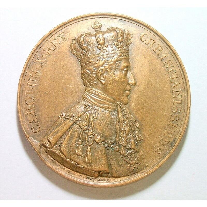 【艺术】法国艺术大章1825年 查理十世皇冠像+加冕仪式 高浮雕精制大铜章 光边 50MM