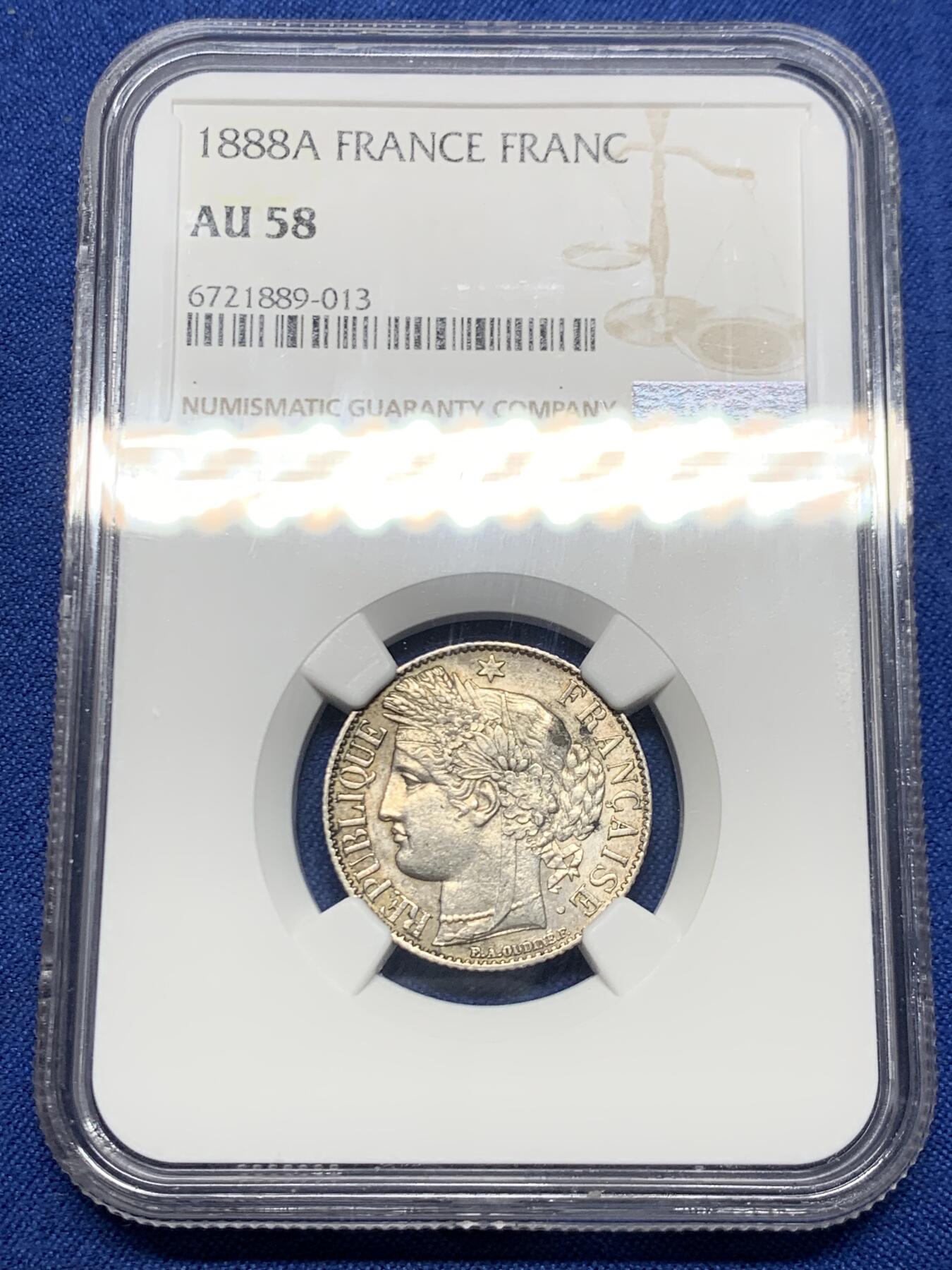 《竞宝斋》第467场 周日，周一 2场连拍 （全场包邮）欢迎送拍 NGC AU58 法国1888年谷物女神1法郎银币