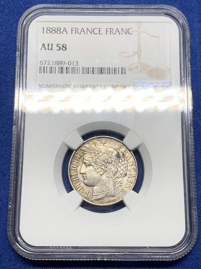 《竞宝斋》第467场 周日，周一 2场连拍 （全场包邮）欢迎送拍 - NGC AU58 法国1888年谷物女神1法郎银币