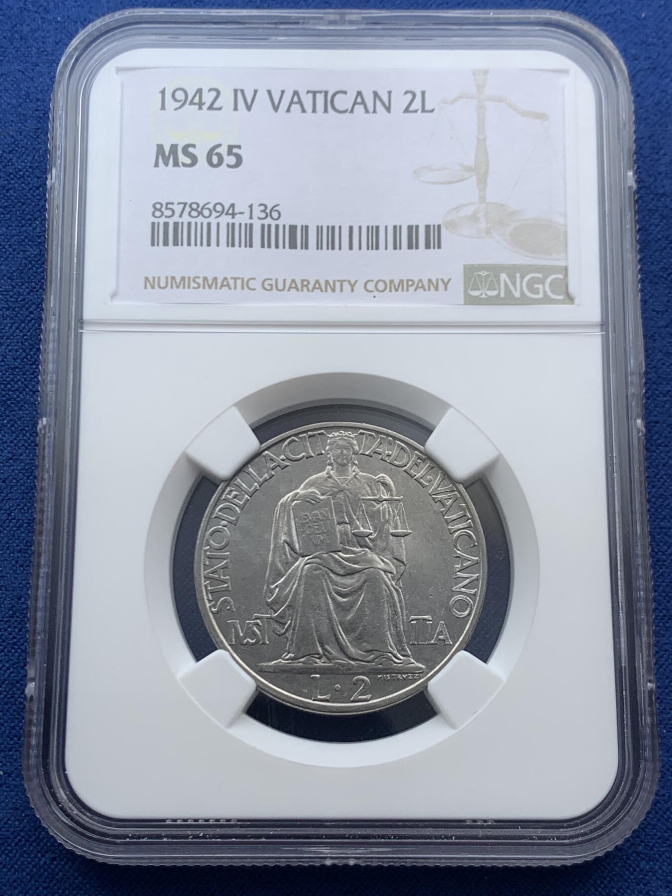 《竞宝斋》第467场 周日，周一 2场连拍 （全场包邮）欢迎送拍 NGC MS65 梵蒂冈1942年2里拉镍币 高分！