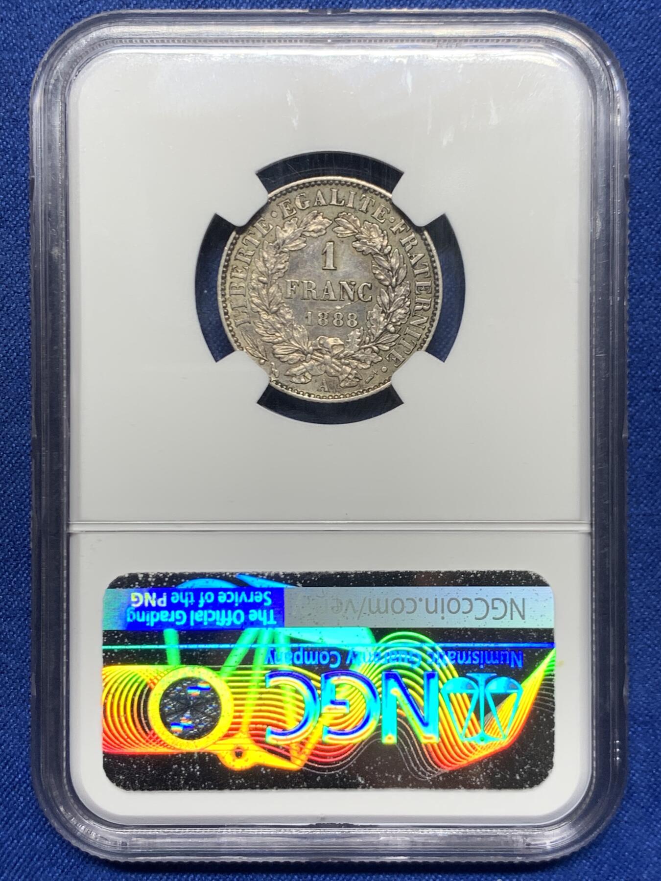 《竞宝斋》第467场 周日，周一 2场连拍 （全场包邮）欢迎送拍 NGC AU58 法国1888年谷物女神1法郎银币