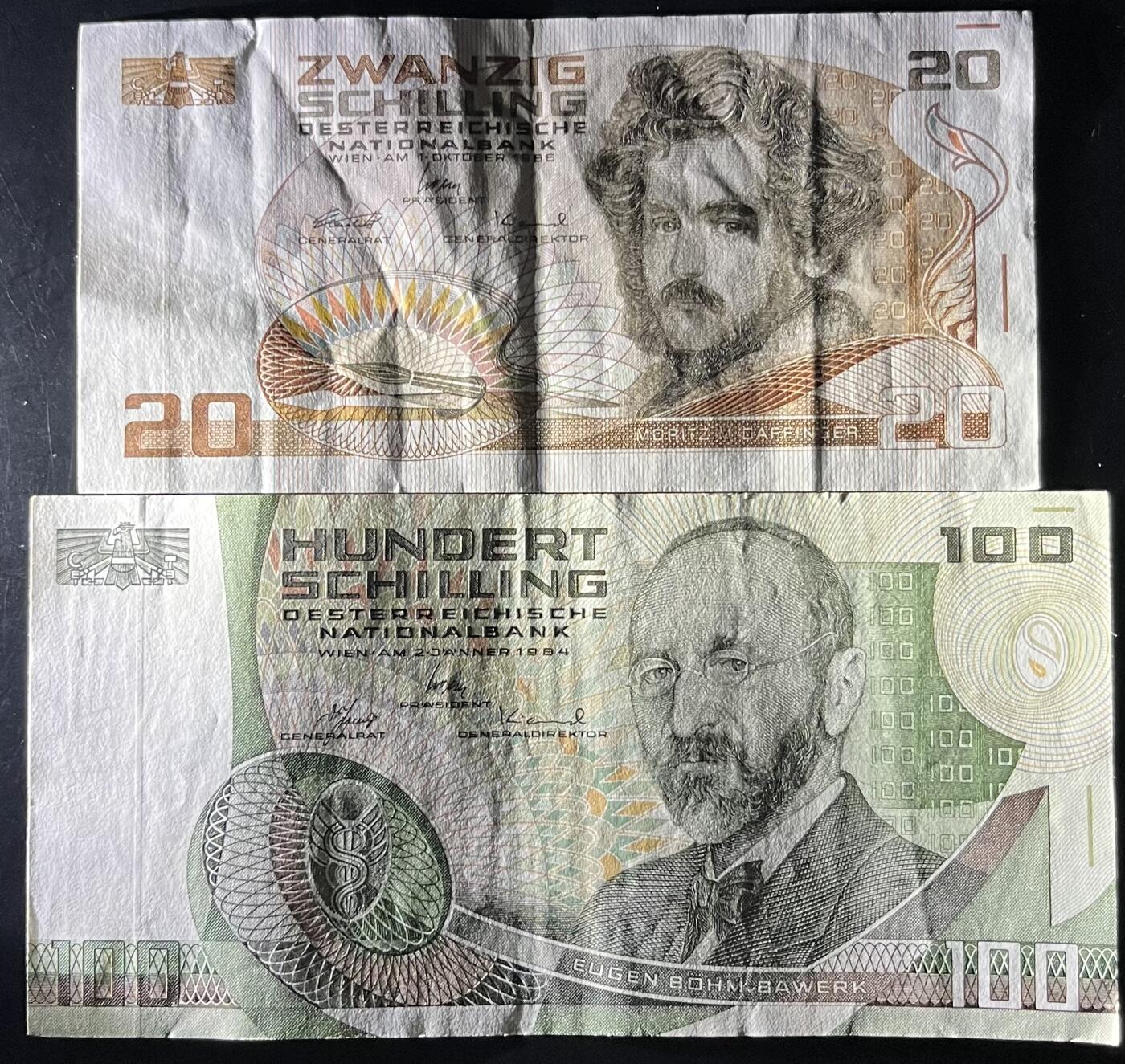 小福收藏拍卖第202期 流通品相裸钞 特惠场 本场全部为欧洲纸币【佣金仅收2% 不设最低佣金 全场包邮】 奥地利 1986年 20+1984年 100先令