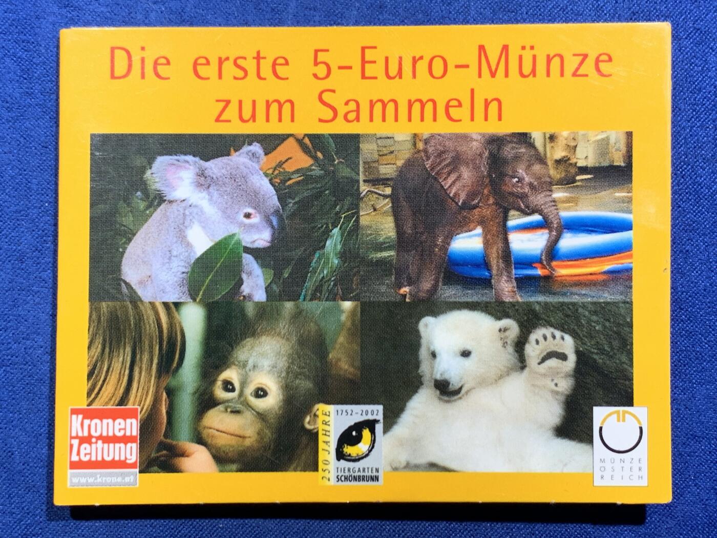 《竞宝斋》第467场 周日，周一 2场连拍 （全场包邮）欢迎送拍 奥地利2002年5欧元类精制银币 美泉宫动物园250周年 10克800银 卡装 （8克是指纯银净重）