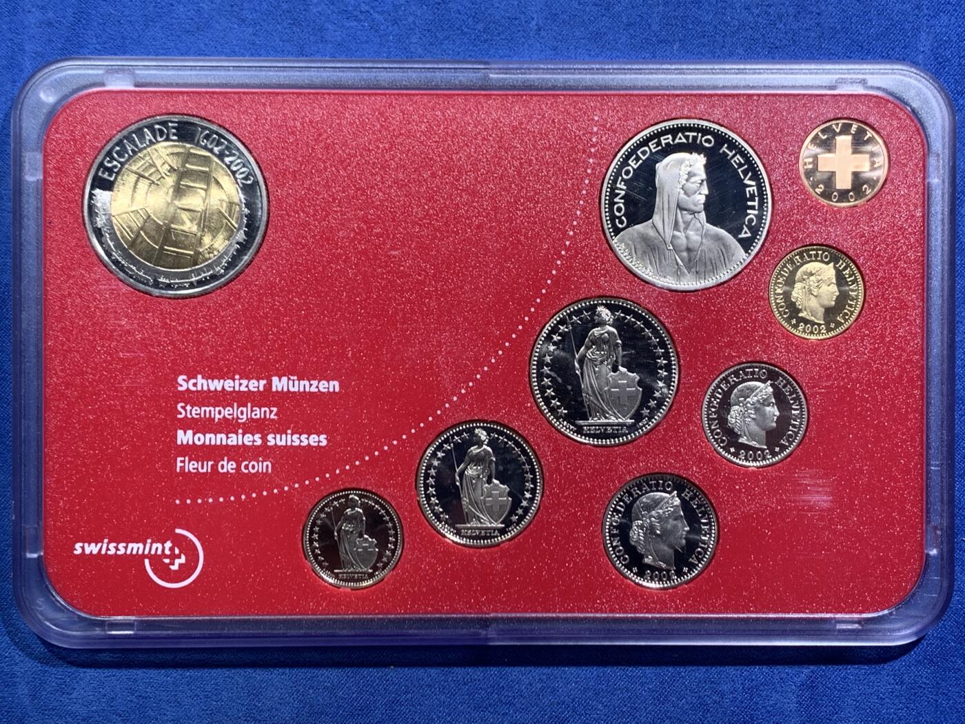 《竞宝斋》第467场 周日，周一 2场连拍 （全场包邮）欢迎送拍 瑞士 2002年 少见 原装塑盒 全套9枚 带双金属 套币