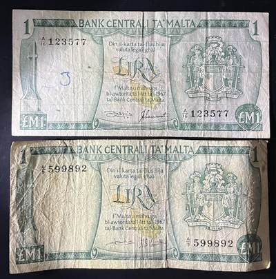 小福收藏拍卖第202期 流通品相裸钞 特惠场 本场全部为欧洲纸币【佣金仅收2% 不设最低佣金 全场包邮】 马耳他 1973年 1里拉  1组2张