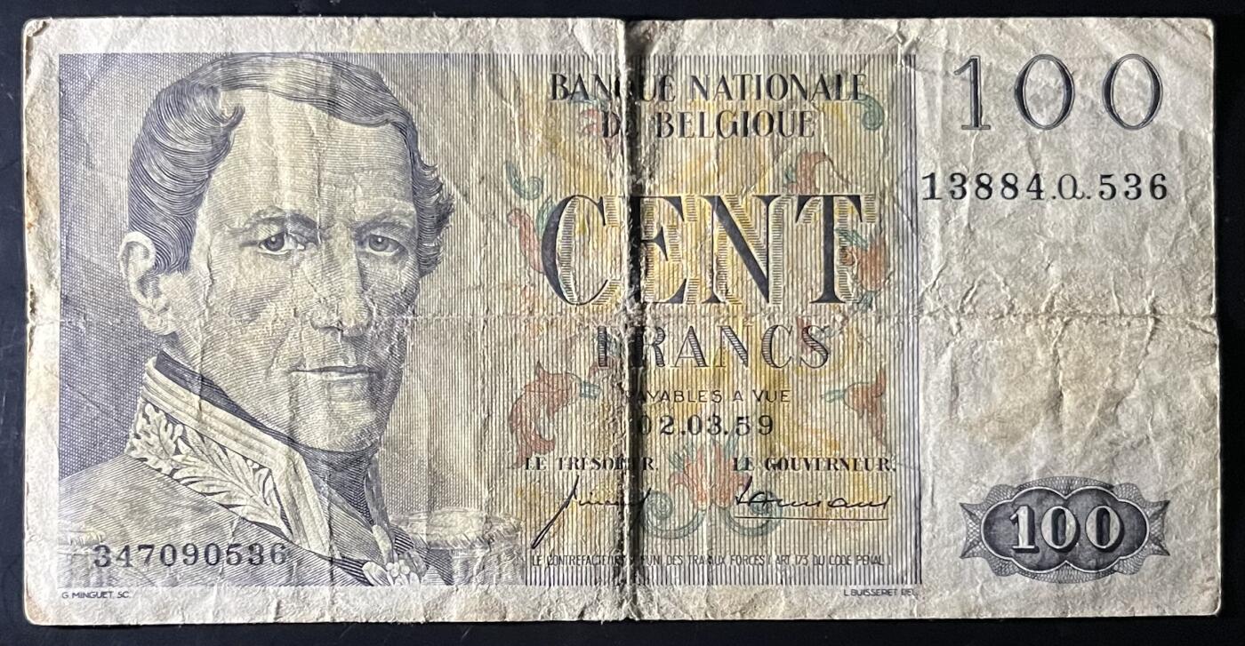 小福收藏拍卖第202期 流通品相裸钞 特惠场 本场全部为欧洲纸币【佣金仅收2% 不设最低佣金 全场包邮】 比利时 1959年 100法郎