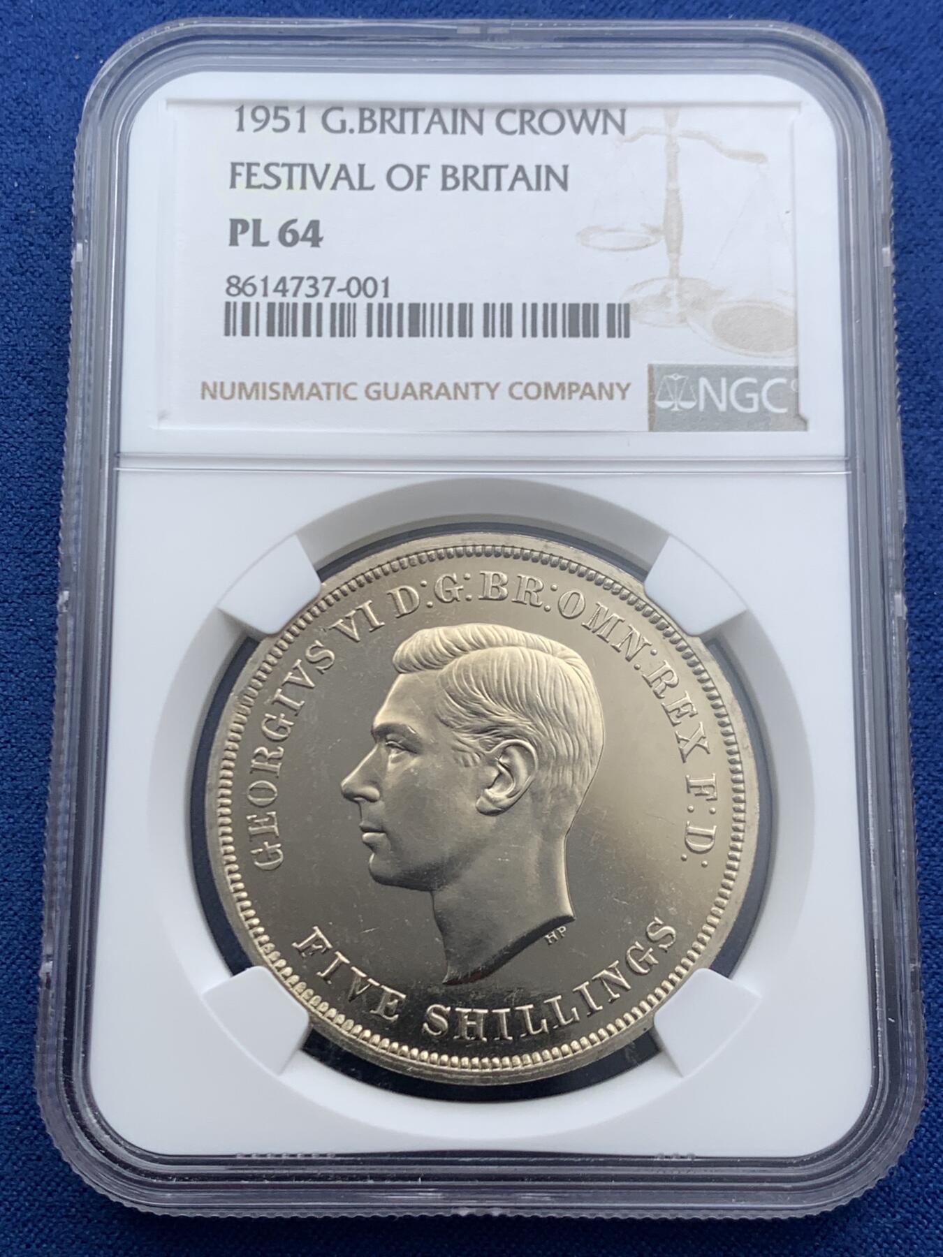 《竞宝斋》第467场 周日，周一 2场连拍 （全场包邮）欢迎送拍 NGC PL64 英国1951年乔治六世镍马剑克朗 不列颠节主题，乔治六世本人渴望拥有的圣乔治屠龙设计主币，也是最后一版以流通币出现的马剑克朗。