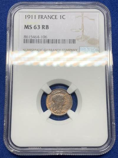 《竞宝斋》第467场 周日，周一 2场连拍 （全场包邮）欢迎送拍 - NGC MS63RB 法国1911年1分铜币