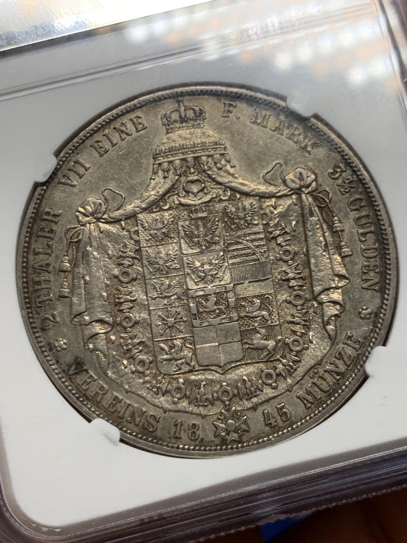 《竞宝斋》第467场 周日，周一 2场连拍 （全场包邮）欢迎送拍 NGC AUD 德国1845年威廉四世2泰勒，经典纸袋包浆，n严评了，原icg 53 .这枚的观感还是很不错的，比一些有分的要好。45年发行量比41年要少不少