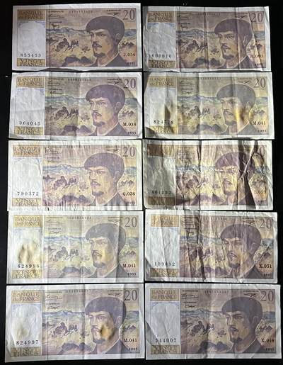 小福收藏拍卖第202期 流通品相裸钞 特惠场 本场全部为欧洲纸币【佣金仅收2% 不设最低佣金 全场包邮】 法国 1992-97年 20法郎 1组10张（含1张倒置号）