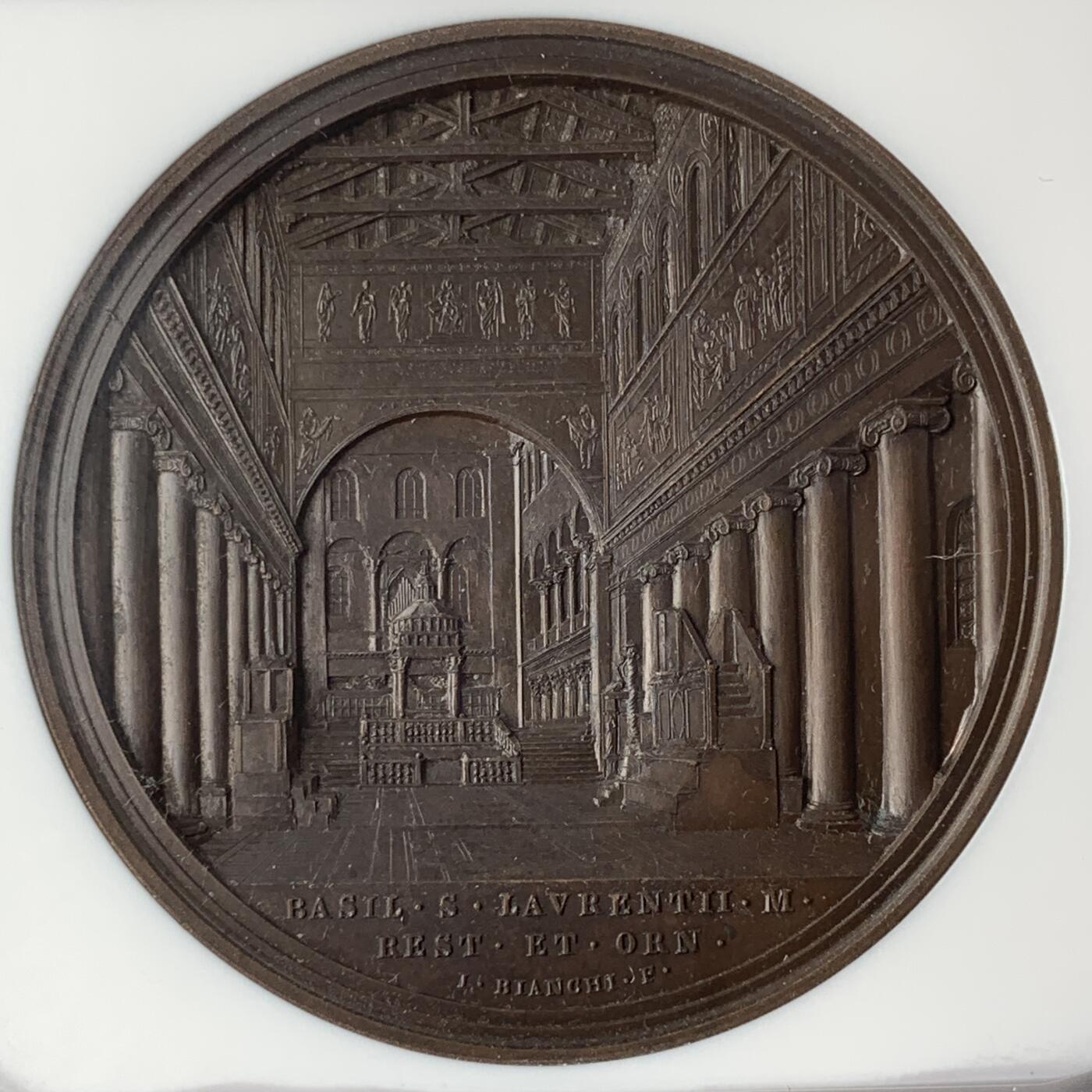 掌中浮雕-藏着的欧洲第053场 NGC MS64 : 1873年圣劳伦提乌斯教堂修复纪念铜章，教皇庇护九世（1846-1878年在位），44mm