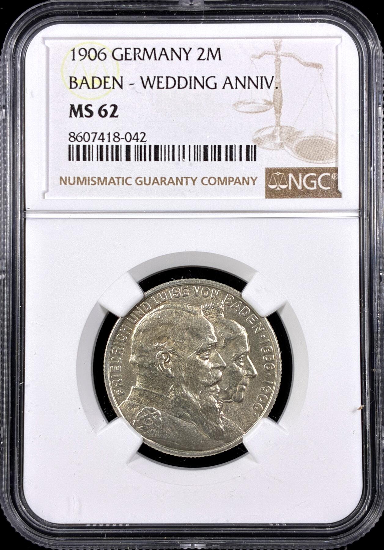【雨安】【直播拍卖】【第0126期-评级币章】2026-03-07 周六 19:30 (金价1176, 银价22.16) [评级德国] Germany 德国 帝国 巴登 2马克 弗里德里希金婚 1906年  NGC-MS62