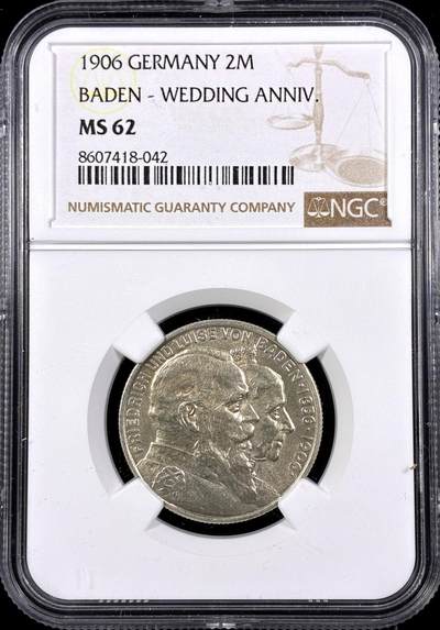 【雨安】【直播拍卖】【第0126期-评级币章】2026-03-07 周六 19:30 (金价1176, 银价22.16) - [评级德国] Germany 德国 帝国 巴登 2马克 弗里德里希金婚 1906年  NGC-MS62