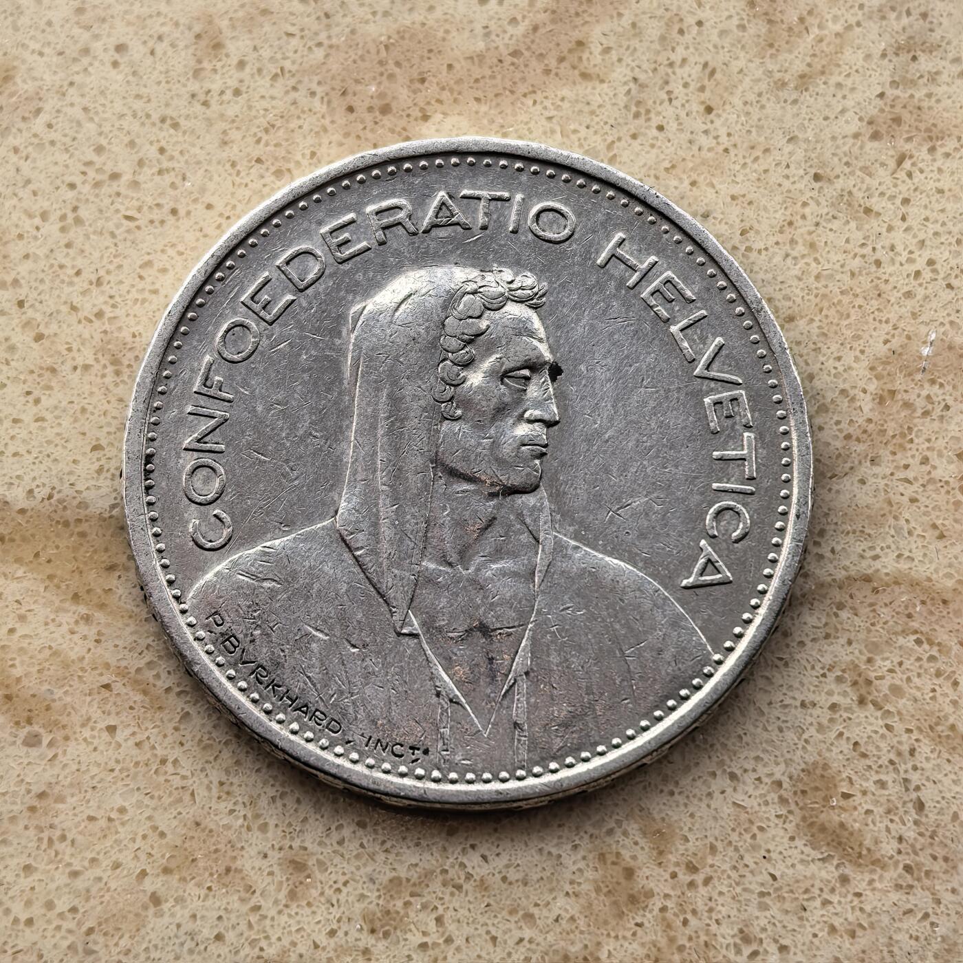 道一币馆币章第一百六十八场 瑞士1933年威廉退尔5法郎银币 15g 835S 