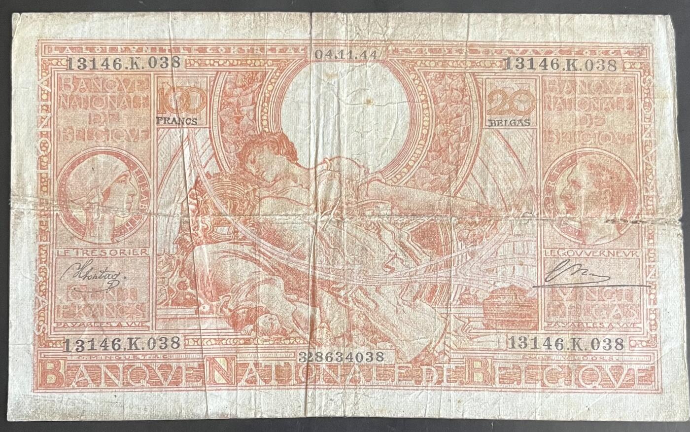 小福收藏拍卖第202期 流通品相裸钞 特惠场 本场全部为欧洲纸币【佣金仅收2% 不设最低佣金 全场包邮】 比利时 1944年 100法郎