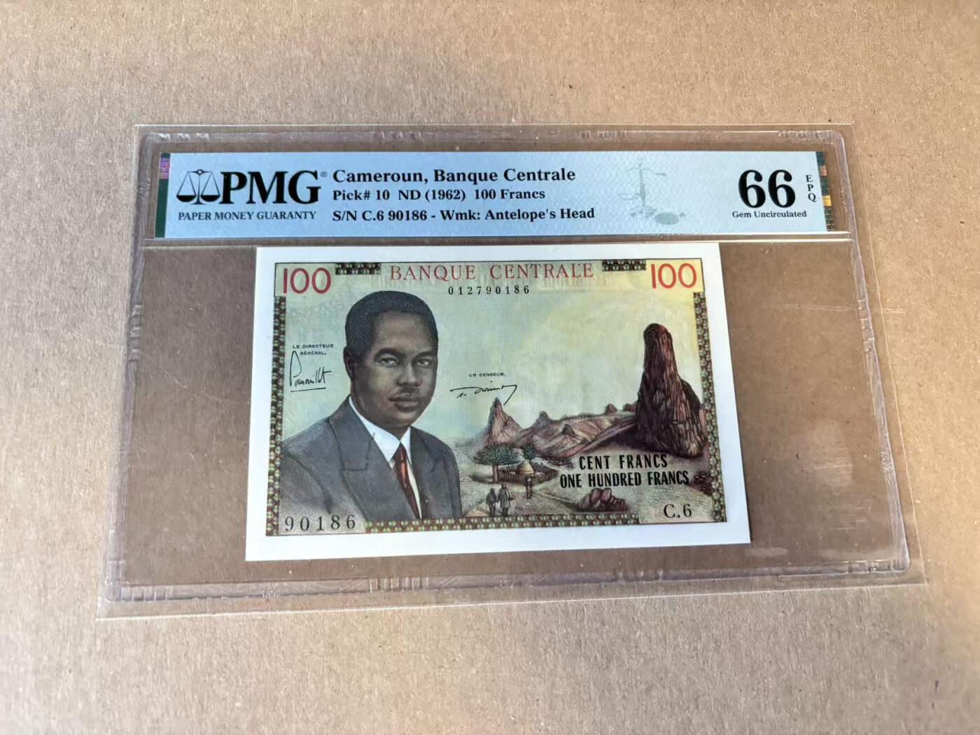 (800期大拍拍品火热征集中🔥）【Blue Auction】世界纸币精拍第790期——18级TOP拍卖/信誉/品质/专业/高效💫   【倒置号】喀麦隆 1962年100法郎 法属风 港口 PMG66EPQ