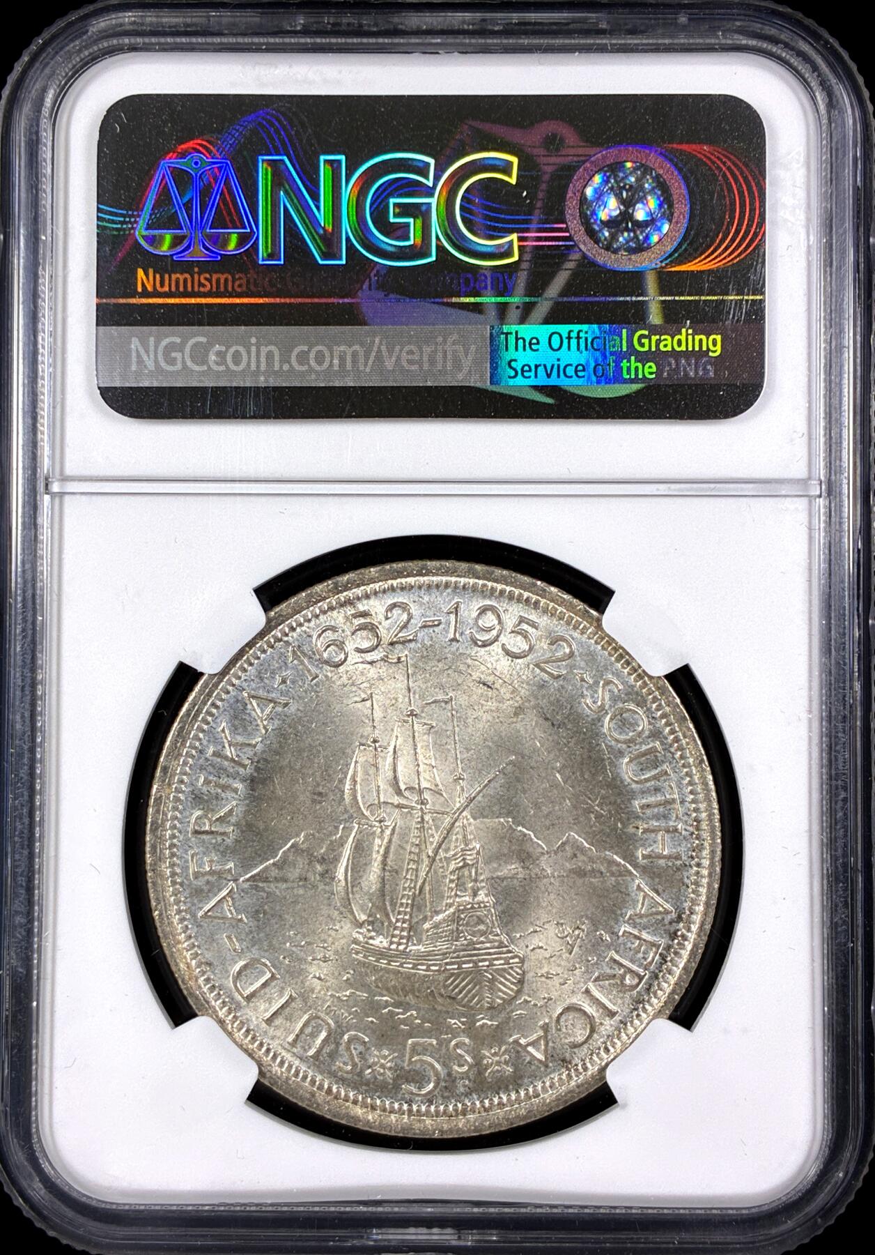 【雨安】【直播拍卖】【第0126期-评级币章】2026-03-07 周六 19:30 (金价1176, 银价22.16) [评级非洲] South Africa 南非 5先令 1952年 乔治五世 发现开普敦  NGC-MS62