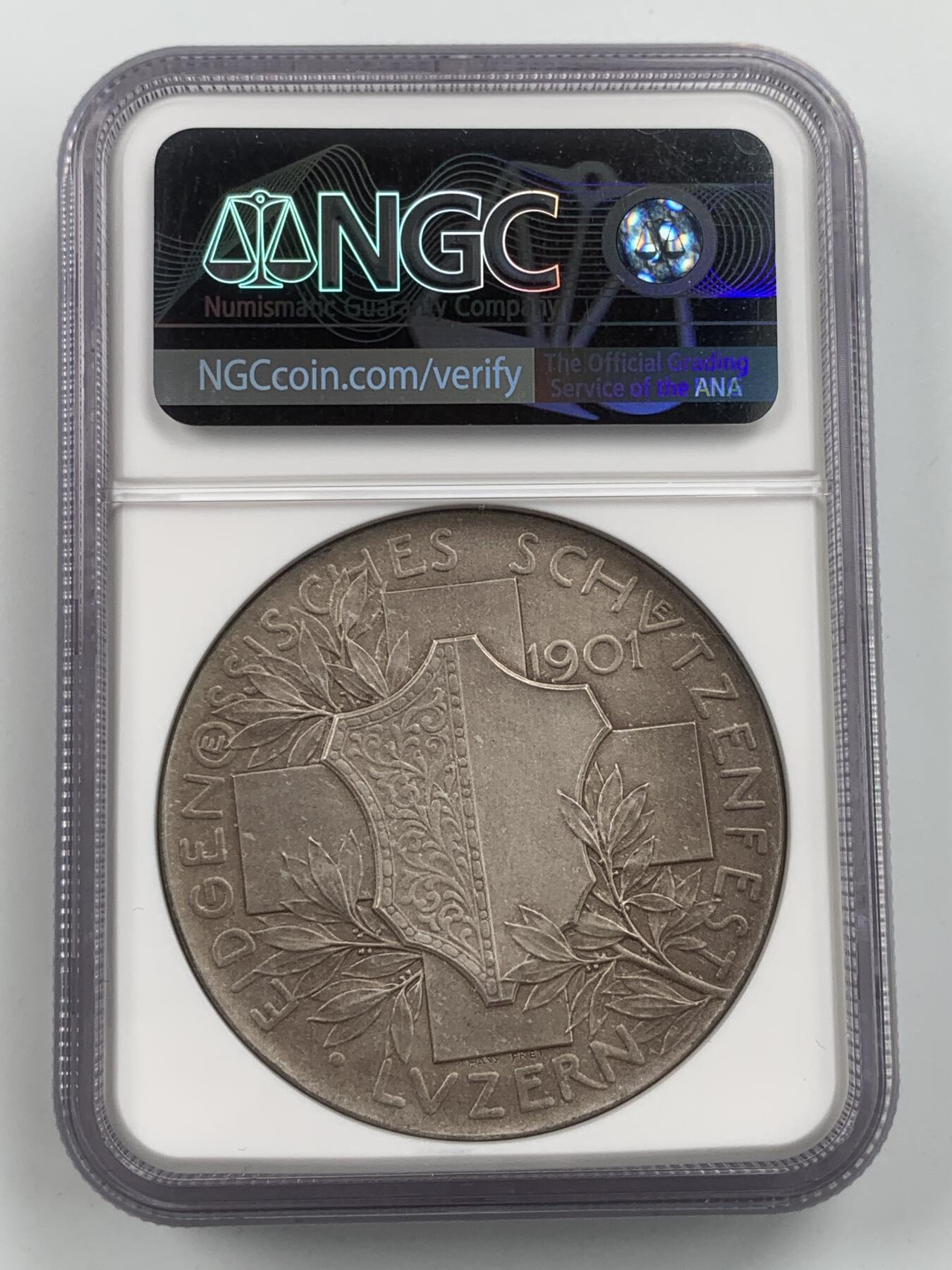 掌中浮雕-藏着的欧洲第053场 NGC MS65 : 1901瑞士卢塞恩射击节纪念银章，45mm