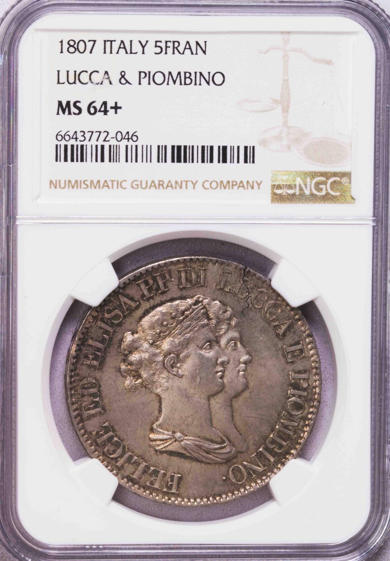 NGC-MS64+ 1807意大利卢卡5法郎大银币 唯一冠军分