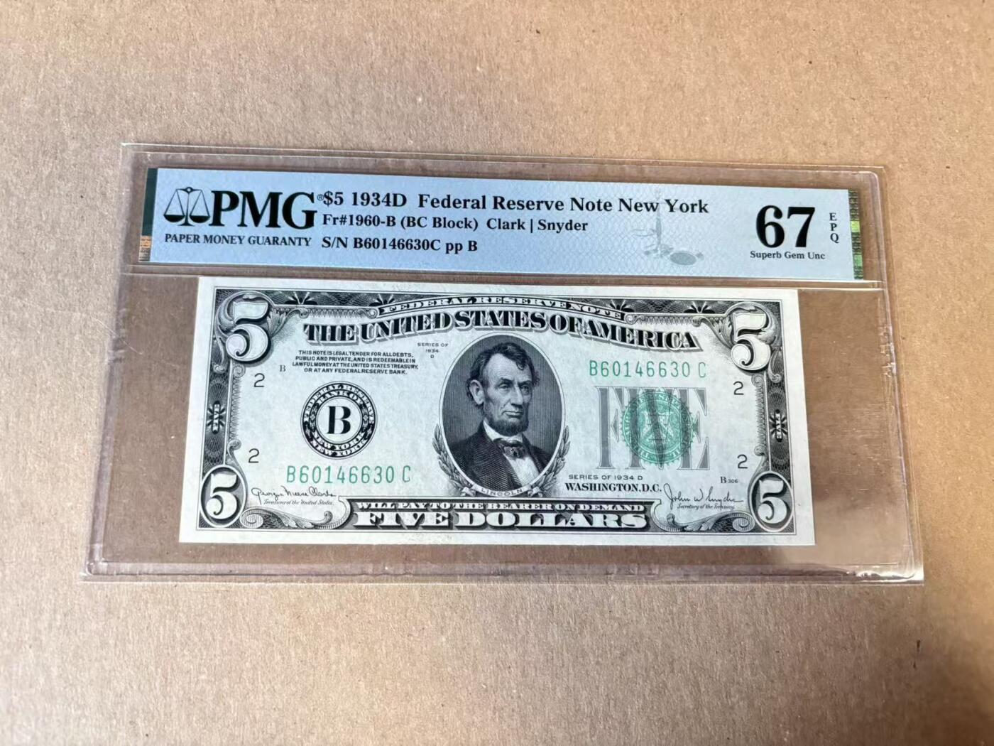 (800期大拍拍品火热征集中🔥）【Blue Auction】世界纸币精拍第790期——18级TOP拍卖/信誉/品质/专业/高效💫  美国 1934D 5美金 PMG67EPQ 