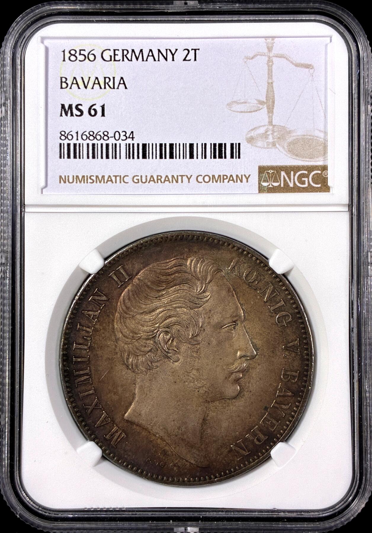 【雨安】【直播拍卖】【第0126期-评级币章】2026-03-07 周六 19:30 (金价1176, 银价22.16) [评级德国] Germany 德国 德意志 2泰勒 Bavaria巴伐利亚 Thun.091 KM#0837 (1849-1856)马克西米利安二世 1856年  NGC-MS61 深包浆带彩
