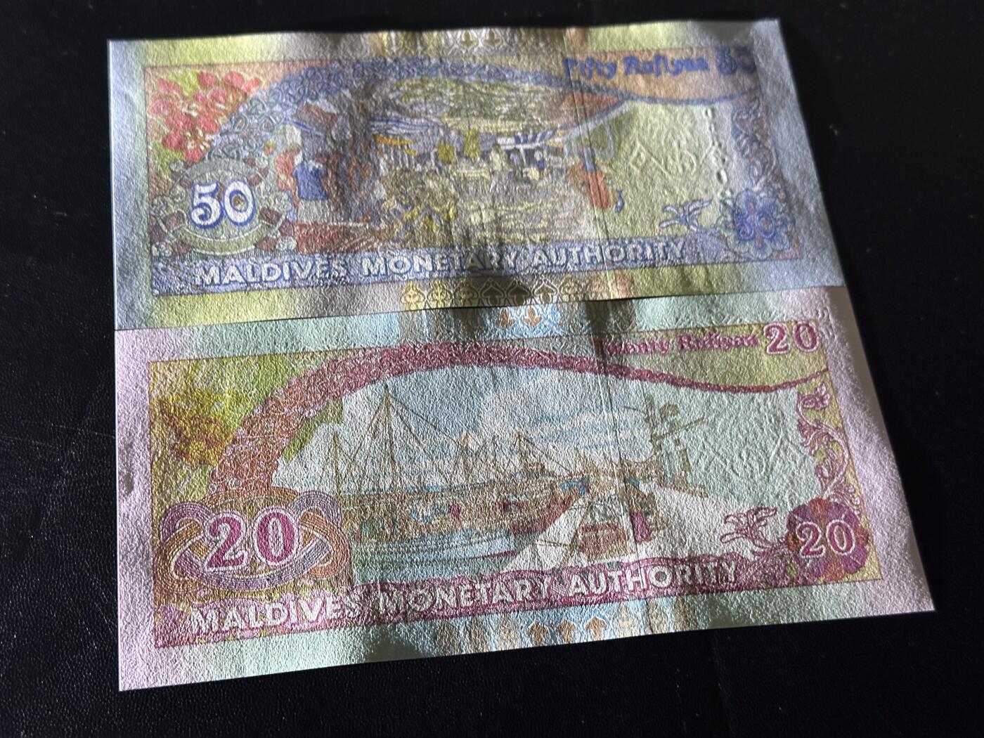 《外钞收藏家》第六百一十四期（精选场）（长期征集拍品、欢迎藏友们联系合作） 2008年马尔代夫20和50拉菲亚 2张一起 全新UNC