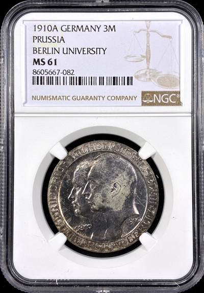 【雨安】【直播拍卖】【第0126期-评级币章】2026-03-07 周六 19:30 (金价1176, 银价22.16) - [评级德国] Germany 德国 帝国 普鲁士 3马克 (1910) 柏林大学 1910年  NGC-MS61