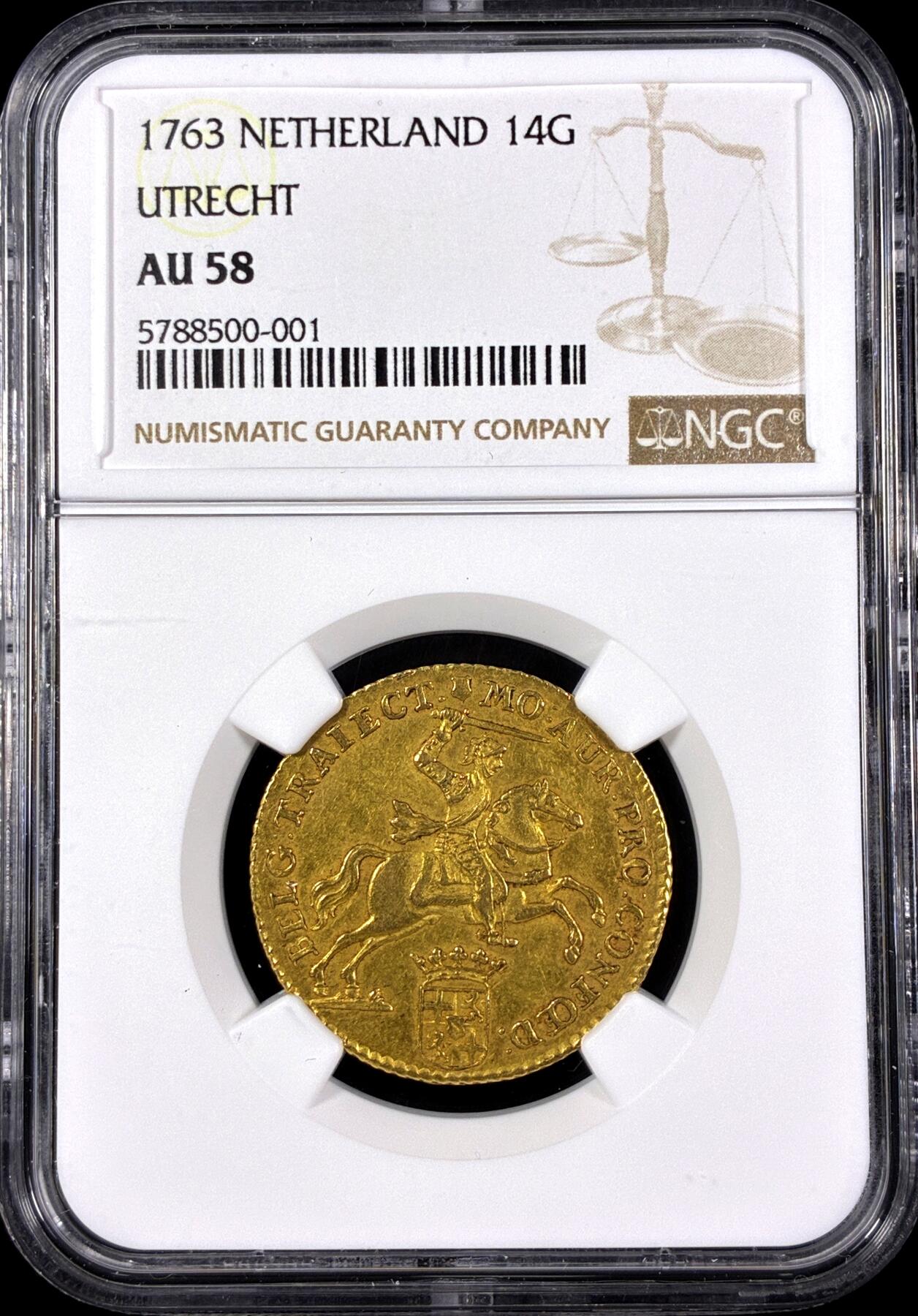 【雨安】【直播拍卖】【第0126期-评级币章】2026-03-07 周六 19:30 (金价1176, 银价22.16) [评级金铂] Netherlands [金币] 荷兰 共和国 乌特勒支 14盾 1763年 金马剑  NGC-AU58