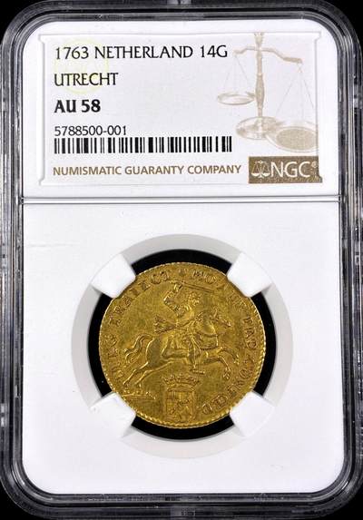 【雨安】【直播拍卖】【第0126期-评级币章】2026-03-07 周六 19:30 (金价1176, 银价22.16) - [评级金铂] Netherlands [金币] 荷兰 共和国 乌特勒支 14盾 1763年 金马剑  NGC-AU58