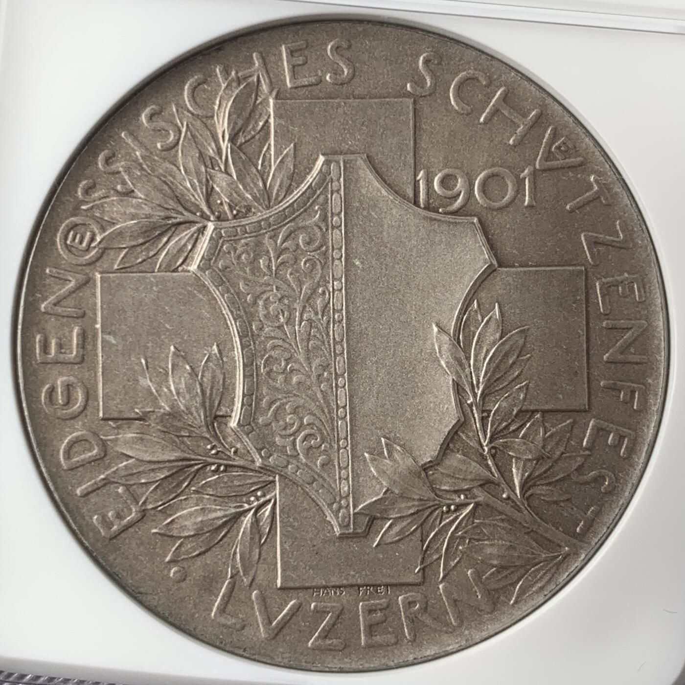 掌中浮雕-藏着的欧洲第053场 NGC MS65 : 1901瑞士卢塞恩射击节纪念银章，45mm
