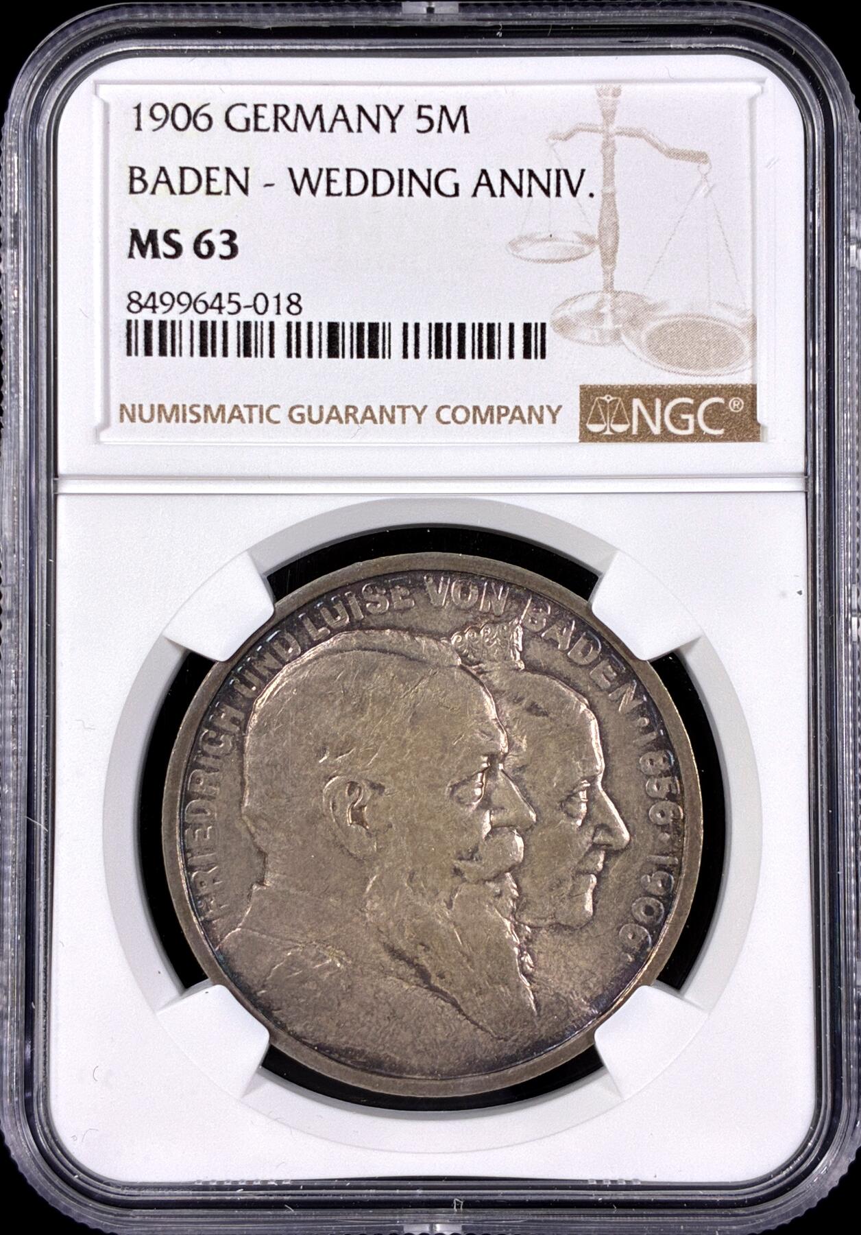 【雨安】【直播拍卖】【第0126期-评级币章】2026-03-07 周六 19:30 (金价1176, 银价22.16) [评级德国] Germany 德国 帝国 J.035 巴登 5马克 (1906) 金婚 1906年  NGC-MS63