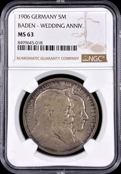 【雨安】【直播拍卖】【第0126期-评级币章】2026-03-07 周六 19:30 (金价1176, 银价22.16) - [评级德国] Germany 德国 帝国 J.035 巴登 5马克 (1906) 金婚 1906年  NGC-MS63