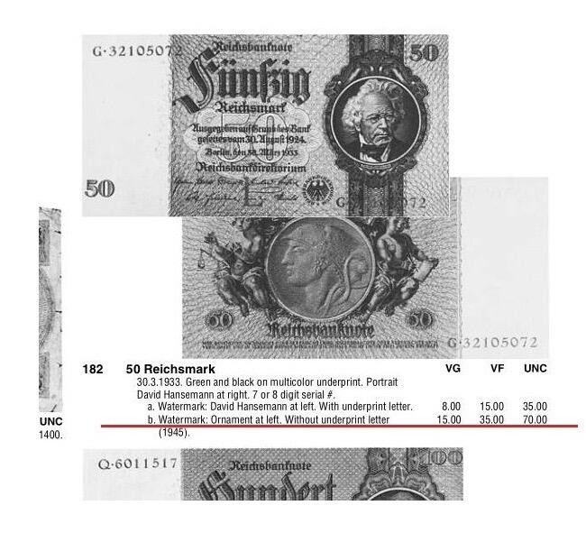 德国第三帝国1933年银行家50马克 无字母花纹水印版 极美品