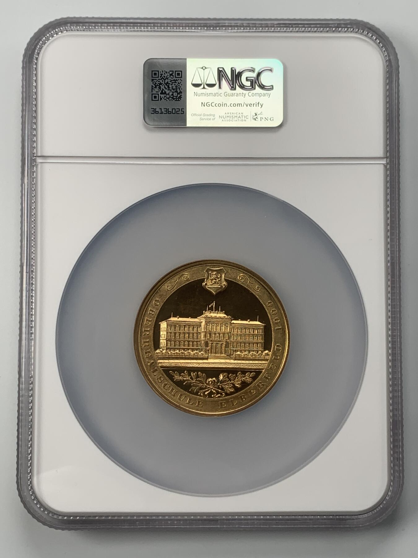 掌中浮雕-藏着的欧洲第053场 NGC MS63 : 1900年德国埃尔德菲尔德高等实科学校建校75周年纪念镀金铜章, 50mm