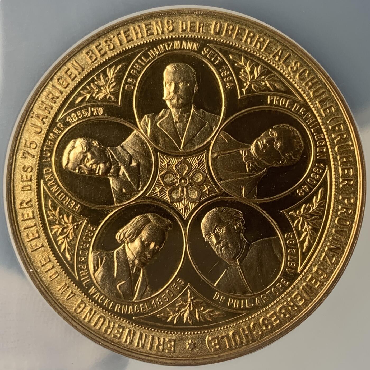 掌中浮雕-藏着的欧洲第053场 NGC MS63 : 1900年德国埃尔德菲尔德高等实科学校建校75周年纪念镀金铜章, 50mm