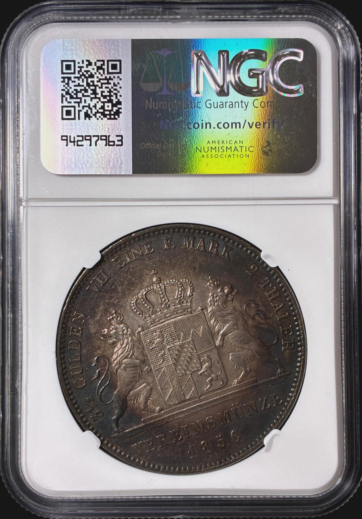 【雨安】【直播拍卖】【第0126期-评级币章】2026-03-07 周六 19:30 (金价1176, 银价22.16) [评级德国] Germany 德国 德意志 2泰勒 Bavaria巴伐利亚 Thun.091 KM#0837 (1849-1856)马克西米利安二世 1856年  NGC-MS61 深包浆带彩