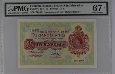 《外钞收藏家》第六百一十四期（精选场）（长期征集拍品、欢迎藏友们联系合作） - 【高分无47】福克兰群岛1975年5镑 稀少五位号PMG67超高分稀少 英女王侧面小头像 当时购买力非常巨大 升值潜力巨大的一张收藏 海外行情8000+