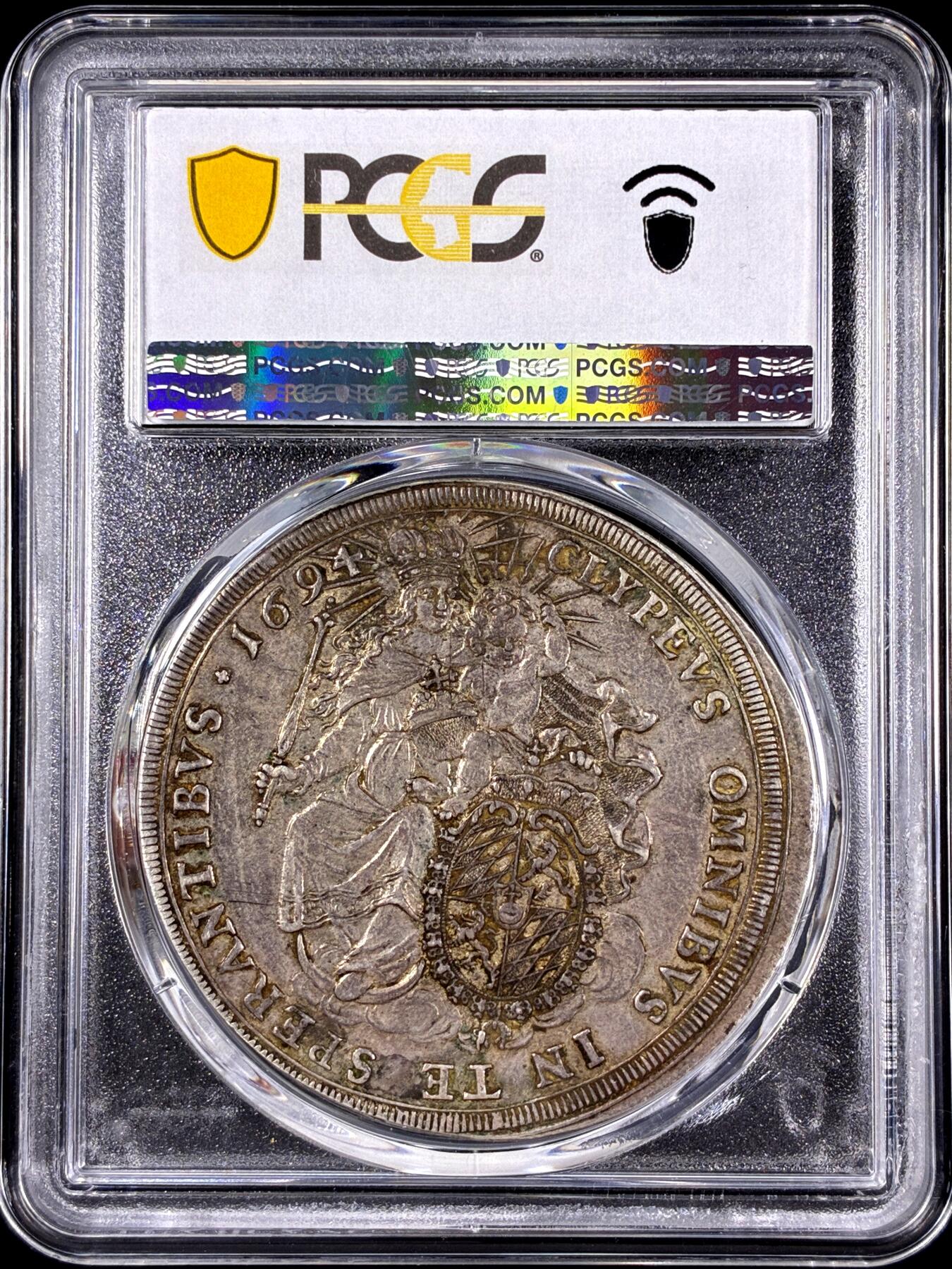 【雨安】【直播拍卖】【第0126期-评级币章】2026-03-07 周六 19:30 (金价1176, 银价22.16) [评级德国] Germany 德国 德意志 1泰勒 Bavaria巴伐利亚 KM#0363 1694年  PCGS-AU53 原味欧洲淡美包浆